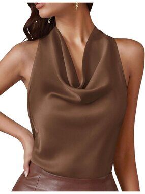 ✨Women Brown Cowl Neck Silk Blouse Sleeveless Date Night Satin Halter Top